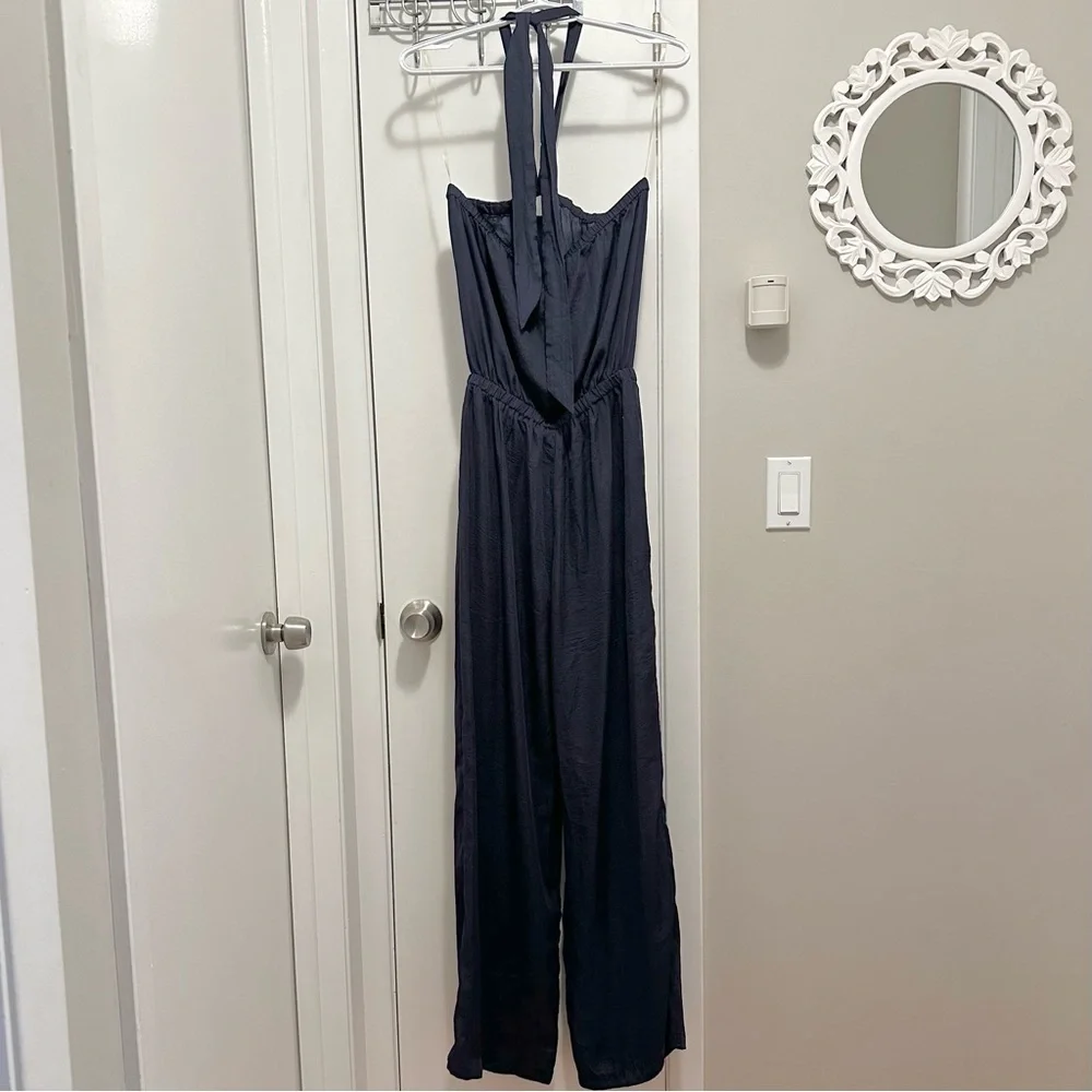 DO+BE Navy Blue Halter Silky Feel One Piece Pant Jumpsuit S NEW - Picture 2 of 11
